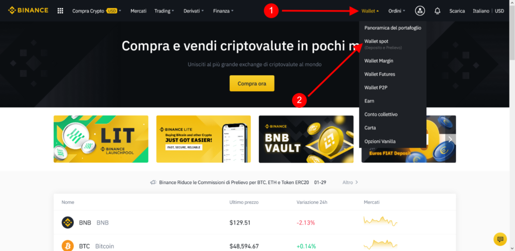Clicca su Wallet spot Clicca su Wallet spot