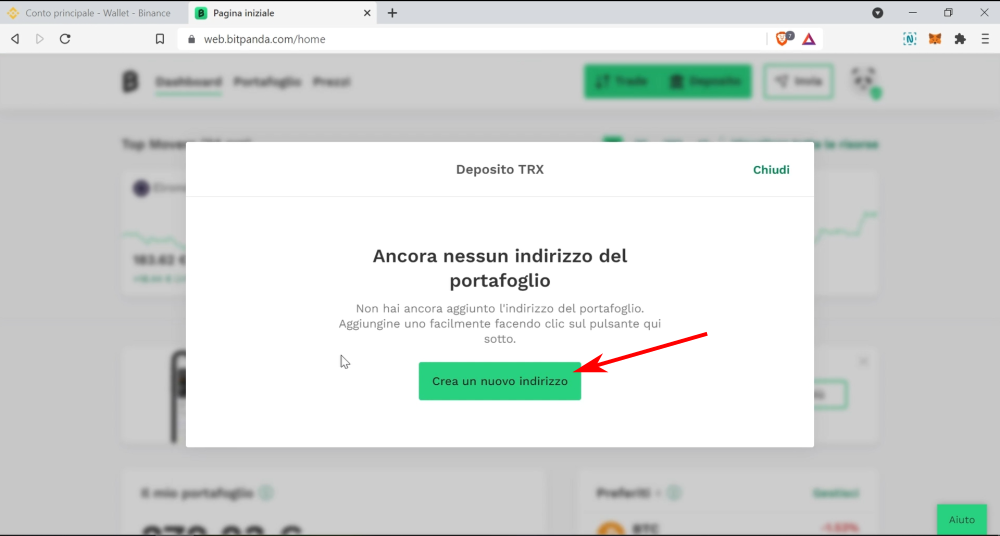 Clicca sul pulsane "Crea un nuovo indirizzo" per creare l'indirizzo del portafoglio dove ricevere le cripto Clicca sul pulsane "Crea un nuovo indirizzo" per creare l'indirizzo del portafoglio dove ricevere le cripto