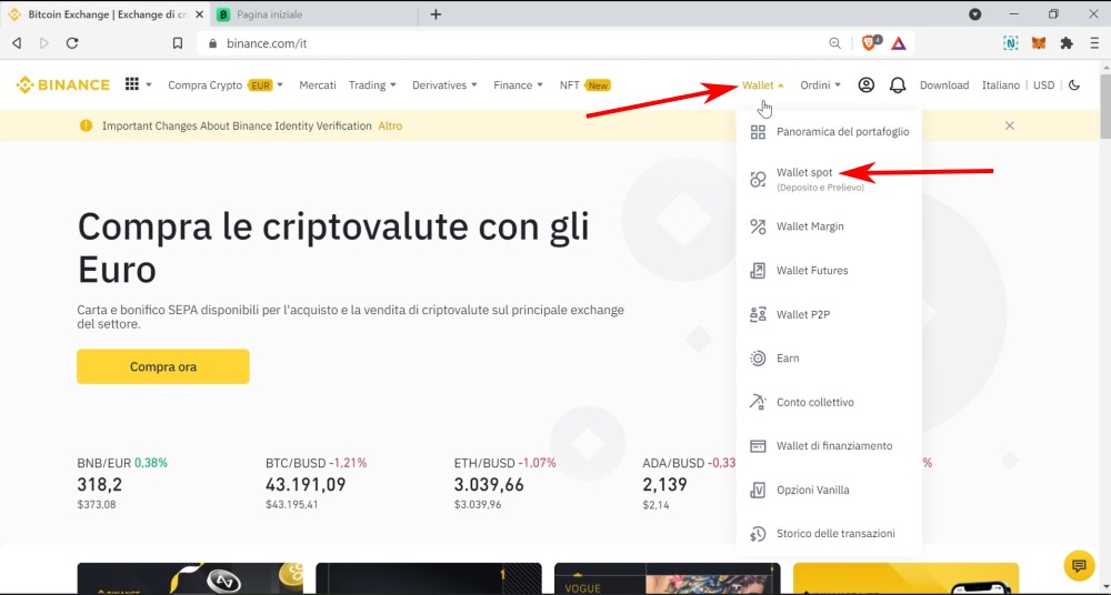 Vai sopra "Wallet" e clicca su "Wallet spot"