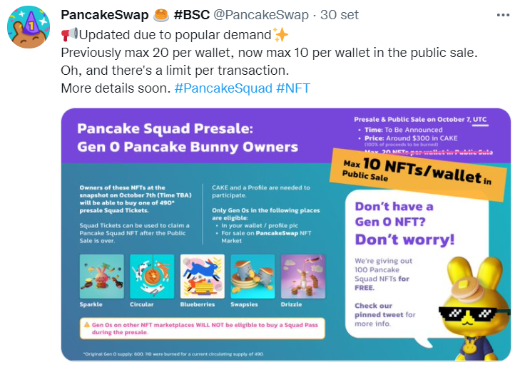 Esempio numero massimo di NFT coniabili (10 per la collezione NFT Pancake Squad)