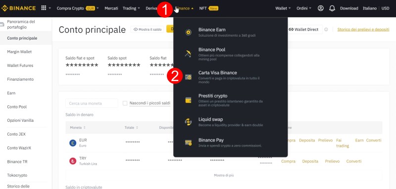 Vai sopra "Finance" e clicca su "Carta Visa Binance"