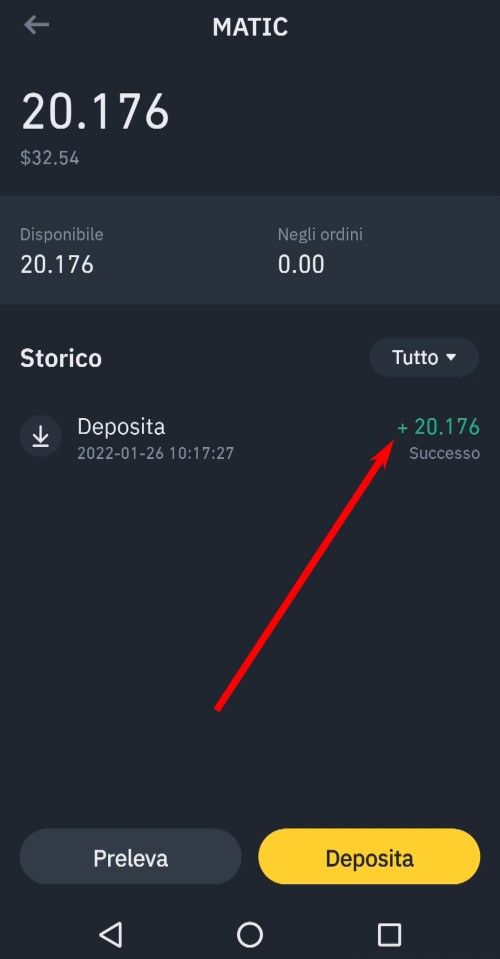 MATIC depositati nell'app Binance MATIC depositati nell'app Binance