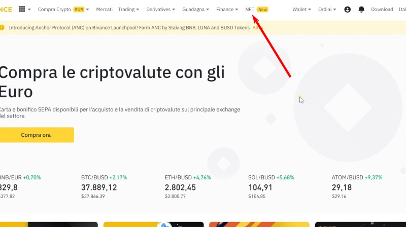 Clicca sulla voce del menu "NFT" Clicca sulla voce del menu "NFT"