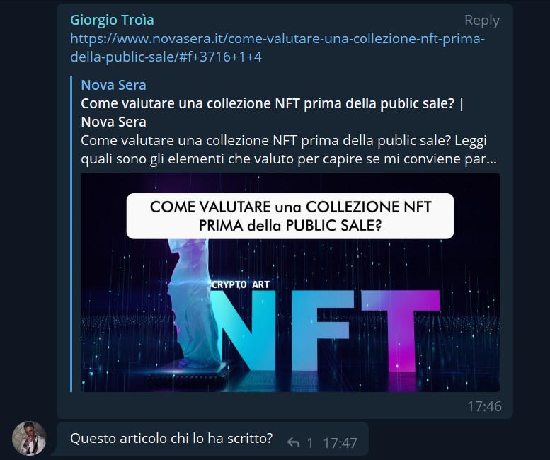 Giorgio Troìa entra nel gruppo e chiede chi ha scritto l'articolo: "Come valutare una collezione NFT prima della public sale?" Giorgio Troìa entra nel gruppo e chiede chi ha scritto l'articolo: "Come valutare una collezione NFT prima della public sale?"