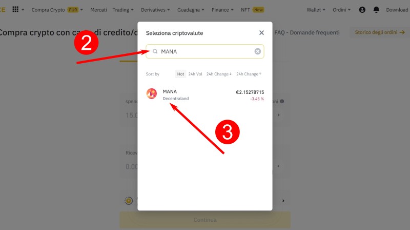 Cerca MANA e clicca sull'icona del token di Decentraland Cerca MANA e clicca sull'icona del token di Decentraland