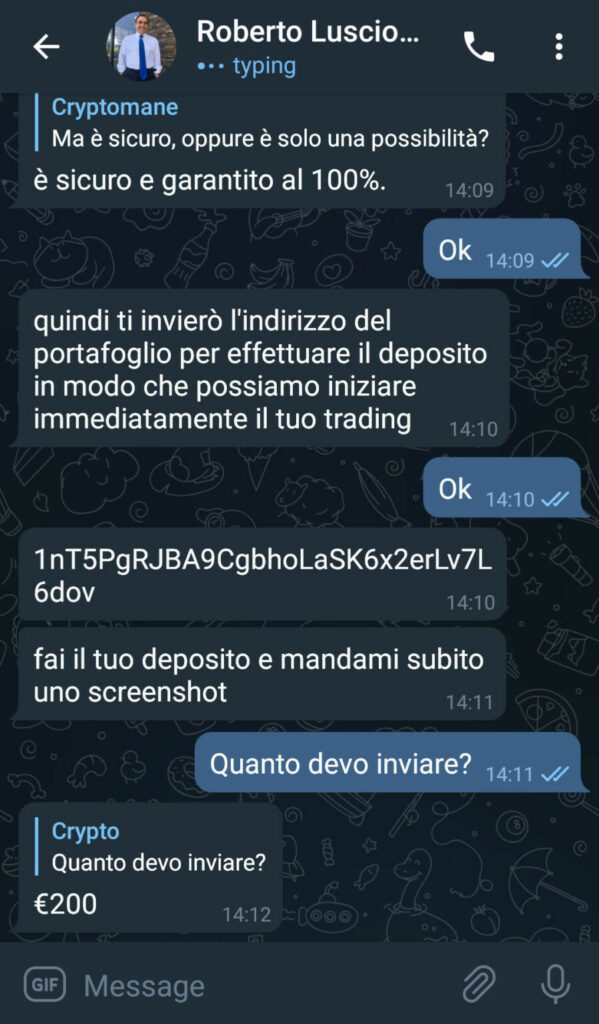 Messaggio dal truffatore che ci dice l'indirizzo di deposito Messaggio dal truffatore che ci dice l'indirizzo di deposito