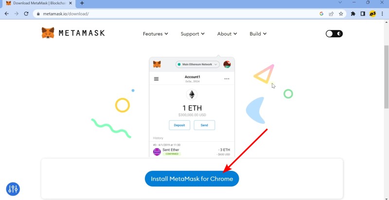 Clicco sul pulsante "Install MetaMask for Chrome" Clicco sul pulsante "Install MetaMask for Chrome"