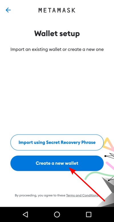 Fai tap sul pulsante "Create a new wallet" per proseguire con la creazione del wallet Fai tap sul pulsante "Create a new wallet" per proseguire con la creazione del wallet