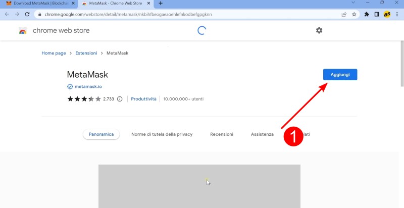 Clicca sul pulsante aggiungi per iniziare installazione MetaMask Clicca sul pulsante aggiungi per iniziare installazione MetaMask