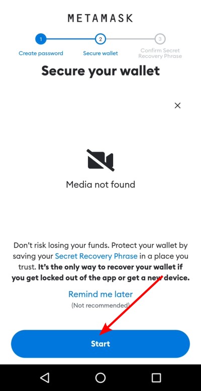 Video con consigli sulla sicurezza, fai tap sul pulsante "Start" per proseguire con la creazione del wallet Video con consigli sulla sicurezza, fai tap sul pulsante "Start" per proseguire con la creazione del wallet