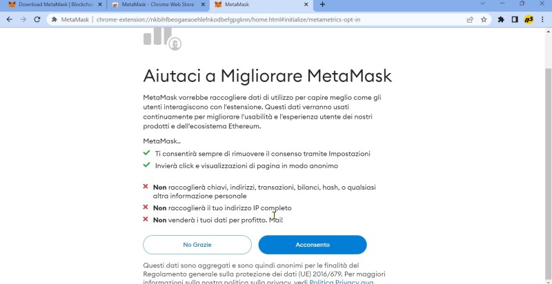 Informativa eventuale raccolta dati di utilizzo di MetaMask Informativa eventuale raccolta dati di utilizzo di MetaMask