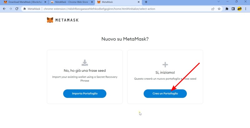 Clicca sul pulsante "Crea un Portafoglio" per procedere con la creazione di un wallet con MetaMask Clicca sul pulsante "Crea un Portafoglio" per procedere con la creazione di un wallet con MetaMask