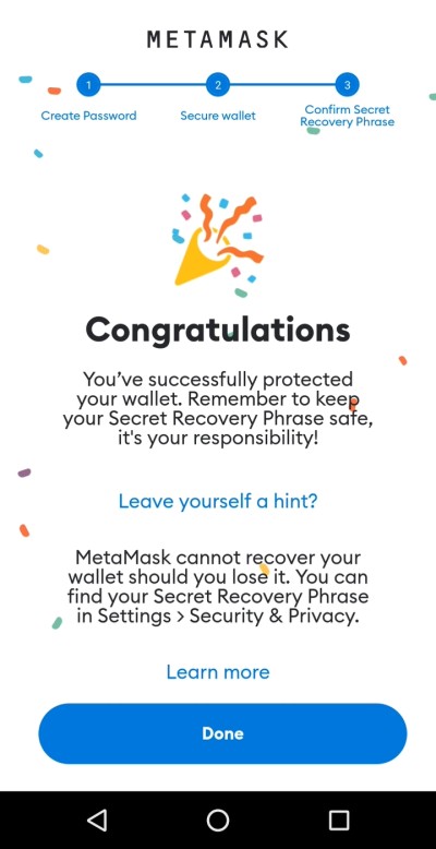 Schermata di congratulazioni per aver creato il wallet con MetaMask Schermata di congratulazioni per aver creato il wallet con MetaMask