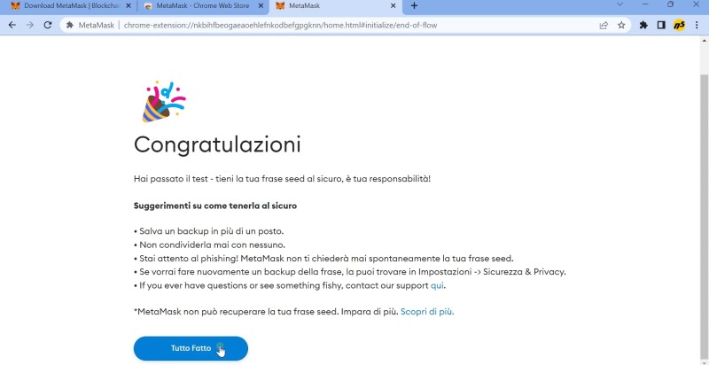 Schermata conferma creazione wallet con MetaMask Schermata conferma creazione wallet con MetaMask