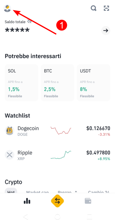 Nella schermata iniziale dell'app Binance Lite fai tap in alto a sinistra Nella schermata iniziale dell'app Binance Lite fai tap in alto a sinistra