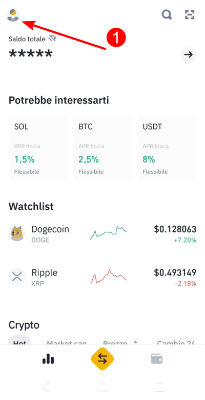 Fai tap sull'icona utente dall'app Binance Lite Fai tap sull'icona utente dall'app Binance Lite