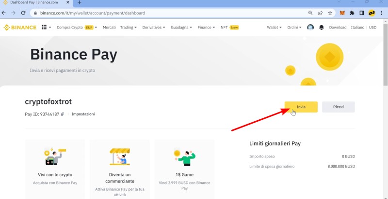 Nella schermata di Binance Pay clicca sul pulsante "Invia" Nella schermata di Binance Pay clicca sul pulsante "Invia"