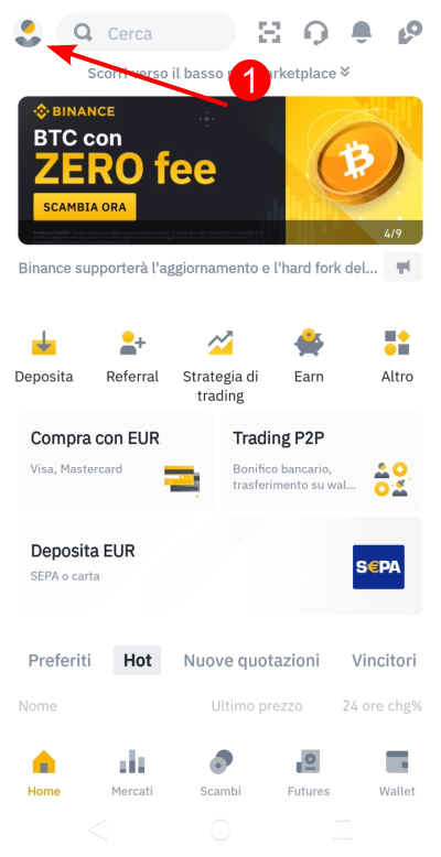 Fai tap sull'icona utente dall'app Binance Pro Fai tap sull'icona utente dall'app Binance Pro