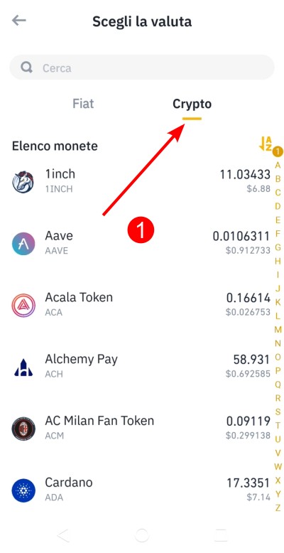 Fai tap su "Crypto" Fai tap su "Crypto"