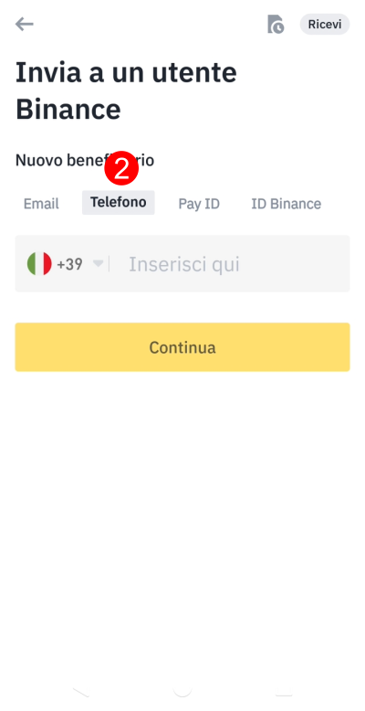 Inserisci numero di telefono del beneficiario del pagamento Inserisci numero di telefono del beneficiario del pagamento