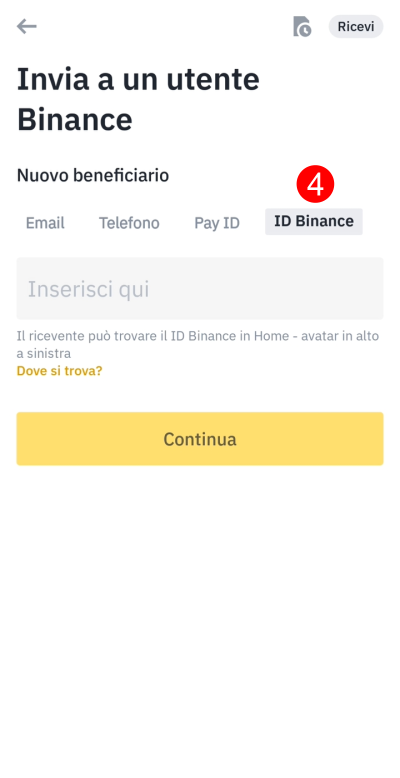 Inserisci ID Binance del beneficiario del pagamento Inserisci ID Binance del beneficiario del pagamento