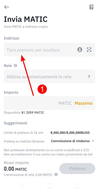 Incolla l'indirizzo del wallet precedentemente copiato su TrustWallet Incolla l'indirizzo del wallet precedentemente copiato su TrustWallet