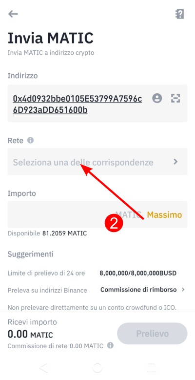 Fai tap su "Seleziona una rete" per selezionare la rete Fai tap su "Seleziona una rete" per selezionare la rete