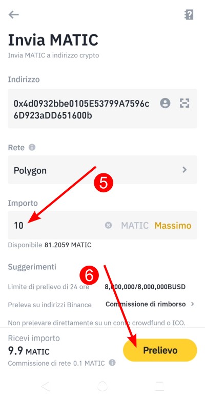 Scrivi l'importo e fai tap sul pulsante "Prelievo" Scrivi l'importo e fai tap sul pulsante "Prelievo"