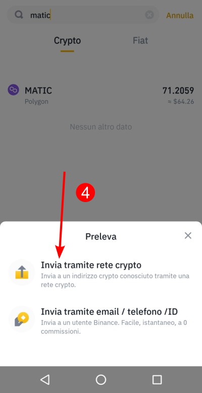 Fai tap su "Invia tramite rete crypto" Fai tap su "Invia tramite rete crypto"